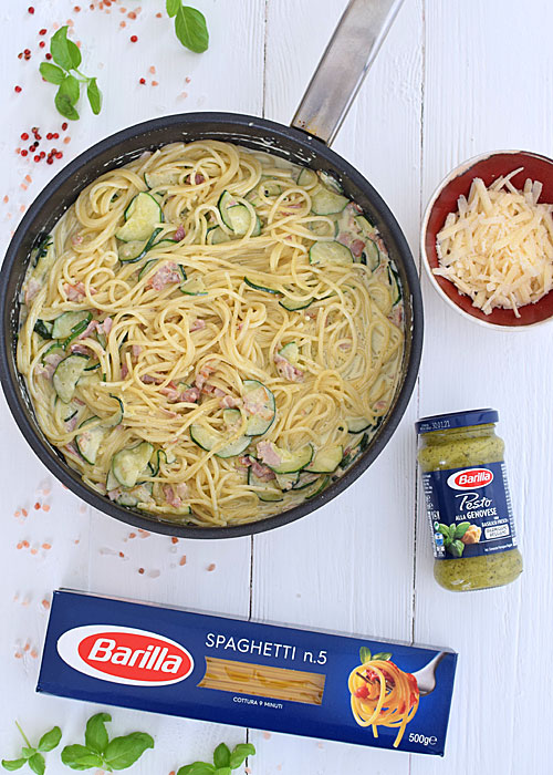 Spaghetti z cukinią, boczkiem i sosem pesto  - etap 7